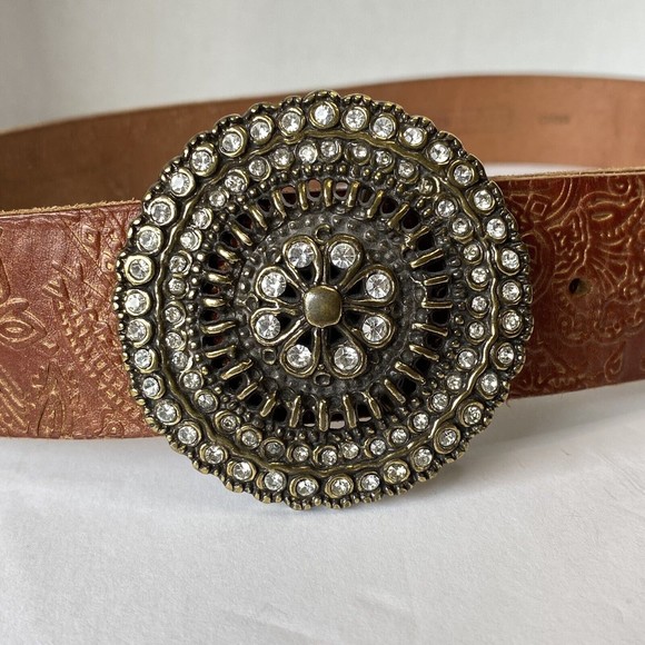 Fossil Womens Brown Gold Leather Tooled Belt Brass Floral Medallion Buckle sz M - Picture 3 of 12